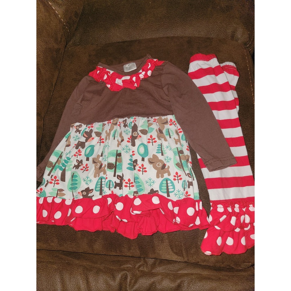 Boutique holiday Christmas reindeer‎ tree dress and leggings fits 18 24 months